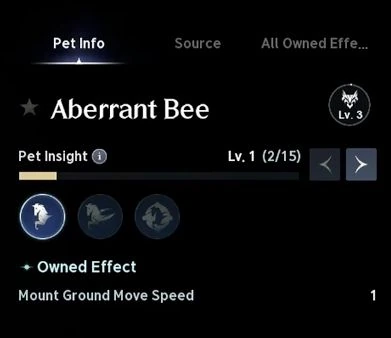 AION 2 Aberrant Bee 宠物信息面板 — 游戏参考画面